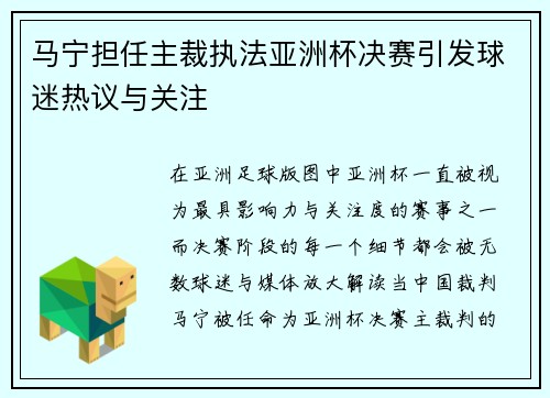 马宁担任主裁执法亚洲杯决赛引发球迷热议与关注