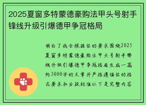 2025夏窗多特蒙德豪购法甲头号射手锋线升级引爆德甲争冠格局